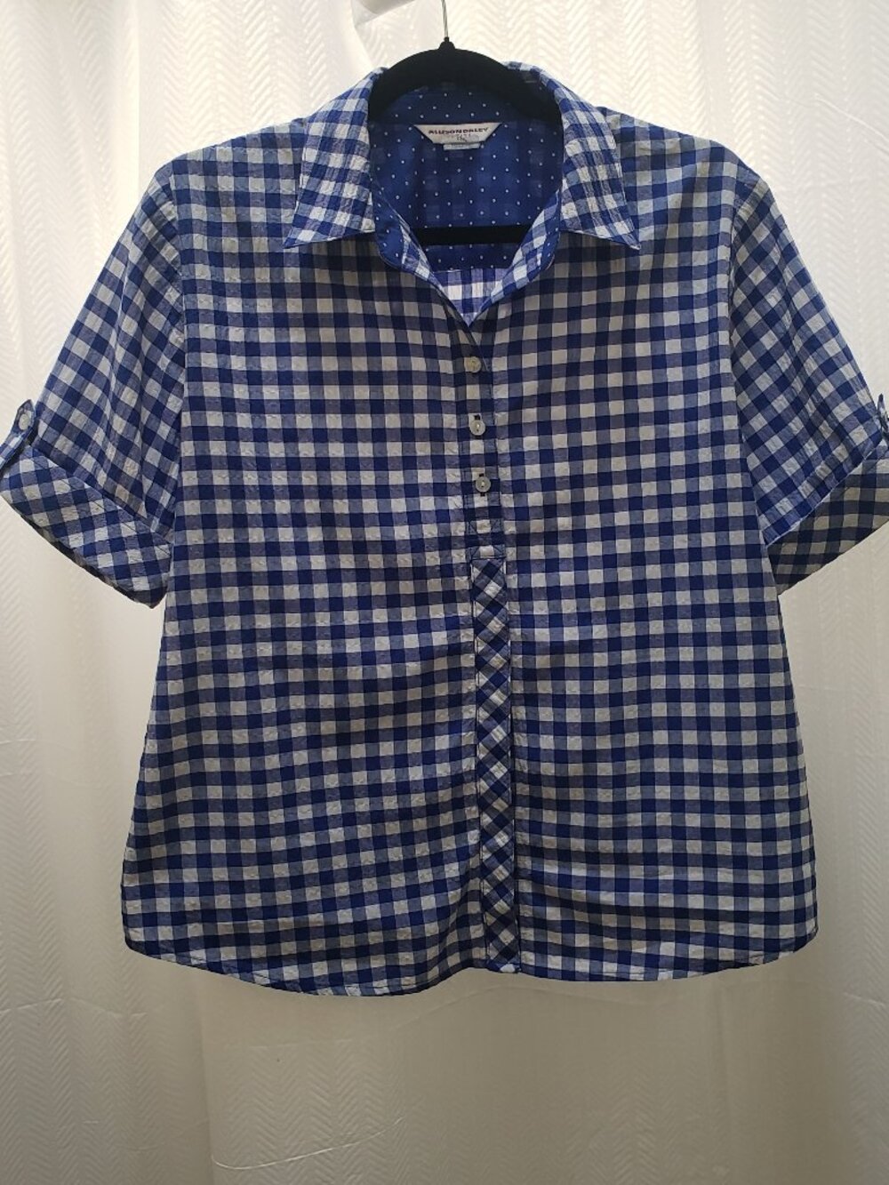 Allison Daley Blue & White Gingham Short Sleeve Button Shirt Women's Petite 12P